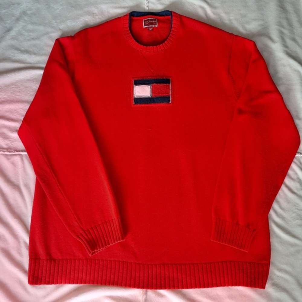 Tommy Hilfiger Chunky Red Sweater Flag Logo Mens Size Large Retro 90s